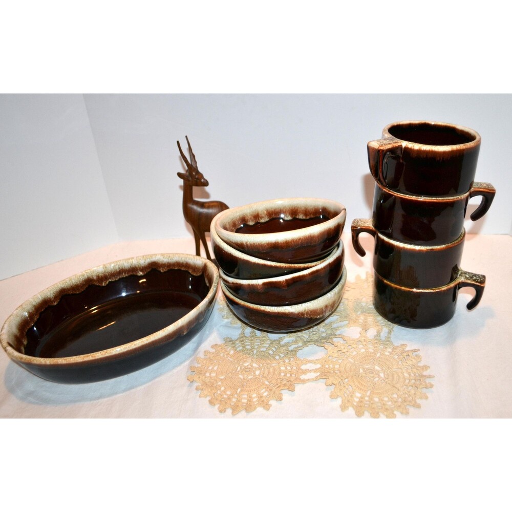 Vintage Brown Drip Bowls Mugs & Serving Dish Rustic Woodland Western Cabin